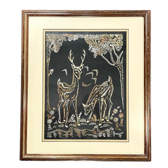 VTG 1930s Embroidery Under Glass DEER ART Framed Doe Buck Forest Stream 18.5x22" - Picture 5 of 9